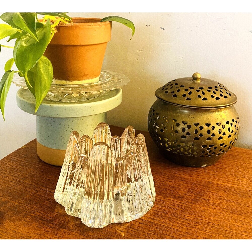Nybro Sweden Crystal Iceberg Votive Candle Holder Heavy Glass Mid Century Modern